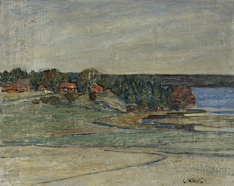 Gusten Widerbäck. "Gården bodarna" Olja på pannå,  Uppsala näs.