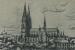 Etsning, Uppsalamotiv, domkyrkan. 1900 talets början. Otydlig signatur.