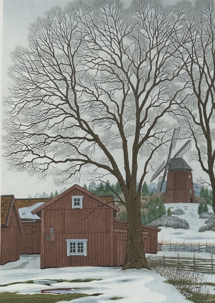 Carin Ax. "Marsdag i Ekeby by" Färglitografi, signerad och numrerad 181/220.