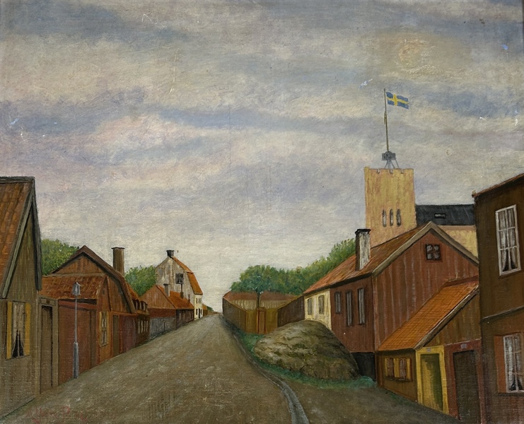Albin P-N. "Gatubild" Olja på duk, signerad och daterad.