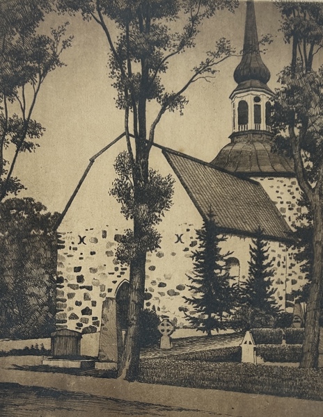 Otydlig signering. "Bromma Kyrka" Etsning.
