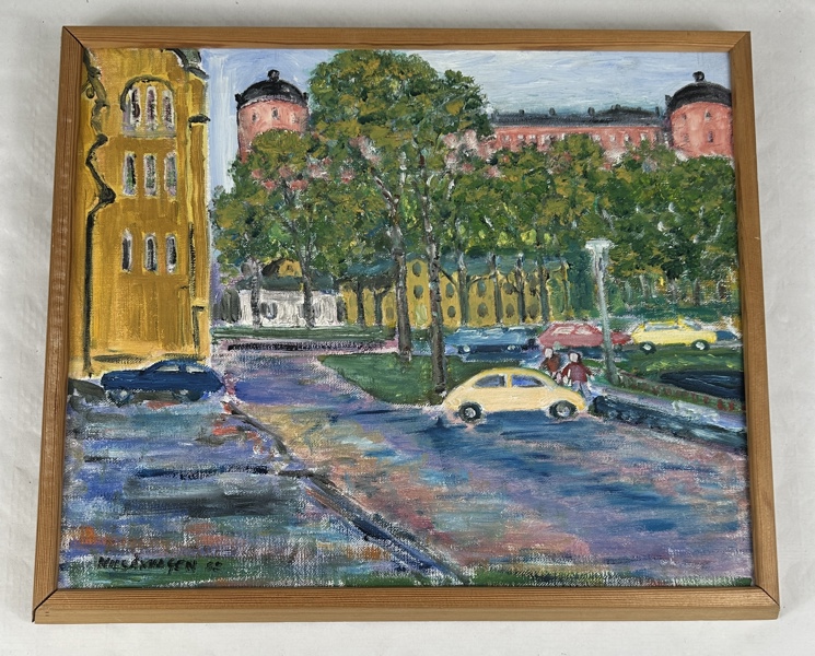 Nils Åkhagen. Olja på duk, sigernad, Uppsala motiv.