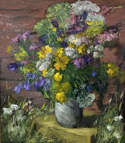 Janis Kalnmalis. "Somijas Lauku Ziedi", Olja på Pannå, Blomsterstileben, Lettland.