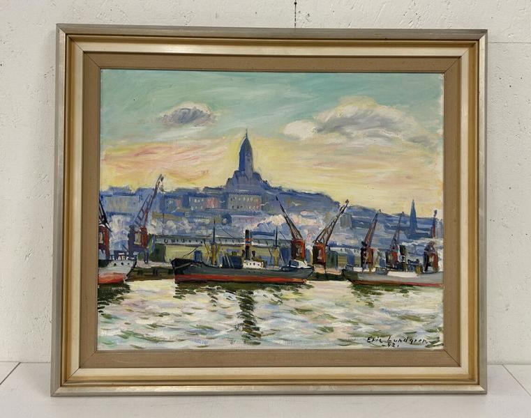 Olja på duk, signerad Eric Lundgren, 1942 marint motiv, 58 x 47 cm