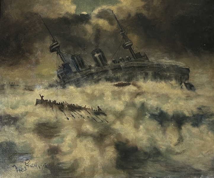  F. Grey. "A German Cruiser Torpedoed off falkland Islands 1914", Olja på Duk, signerad och daterad 1915.