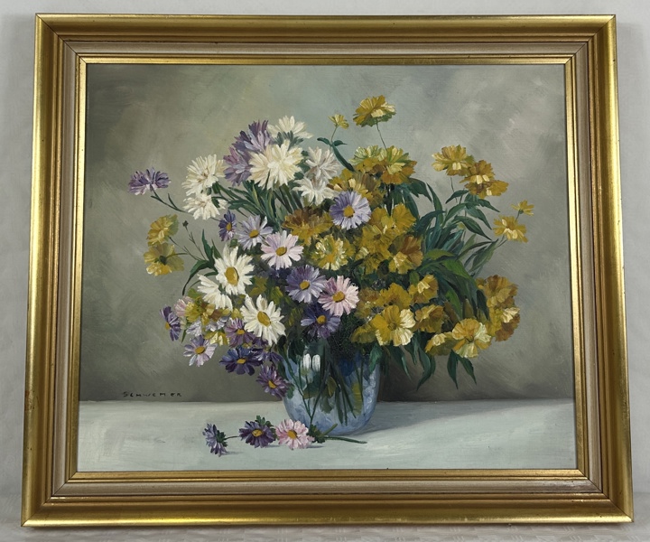 Blomsterstileben Olja på pannå Signerad Schwemer 