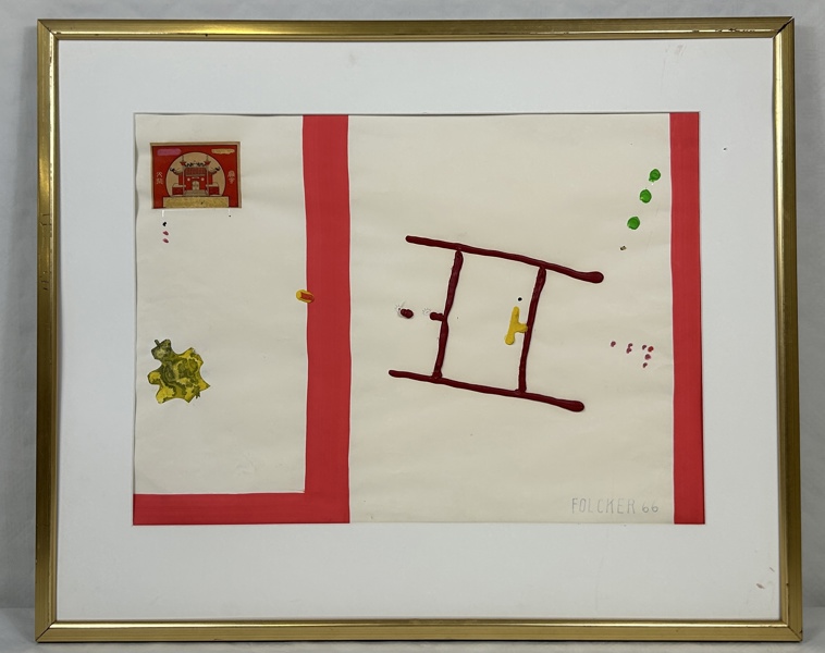 Göran Folcker. Komposition, collage på pannå, signerad och daterad 66.