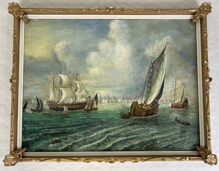 Äldre olja på duk, marint motiv, signerad TCH.