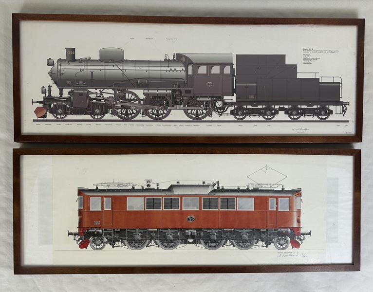 Affischer, 2 st, tåg och ånglok.