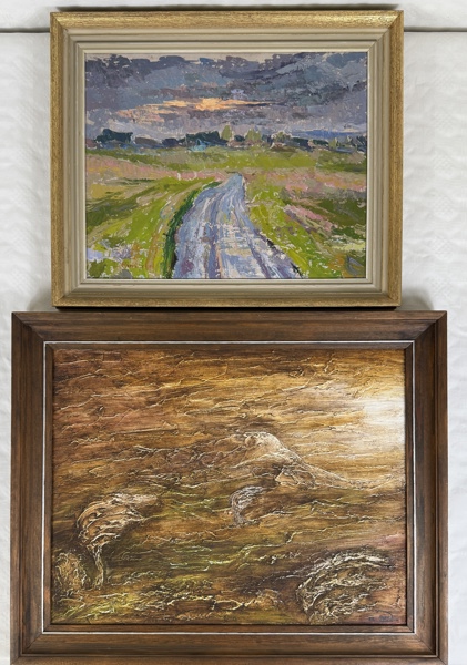 Olja på pannå, 2 st, signerade.