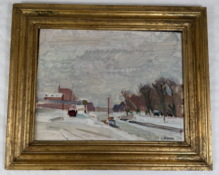 Lars Kemner. "Ångkvarn och flusterpromenaden"Uppsala. Olja på pannå, signerad.