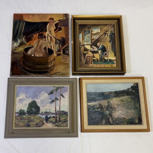 Olja på duk/pannå, 4 st, signerade.