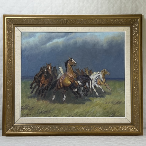 Kamill Kolozsvary. Olja på duk, hästar, signerad och daterad 1965.