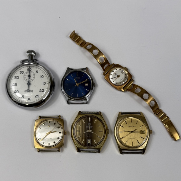 Armbandsur, 5 st, och ett tidtagarur. 