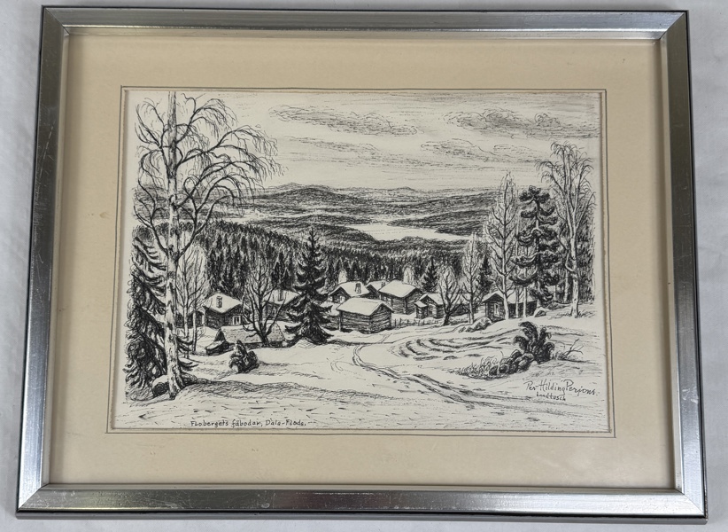 Per-Hilding Perjons. "Flobergets fäbodar, Dala-Floda", Tusch, signerad.