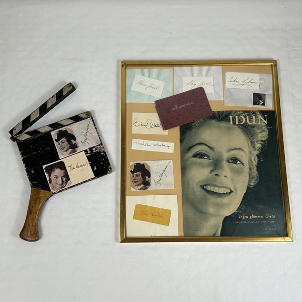 Filmklappa och autografer, bla Edward Persson, Vilhelm Moberg & Thor Modéen.