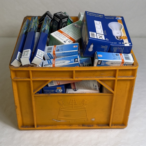 Plastback med diverse glödlampor.