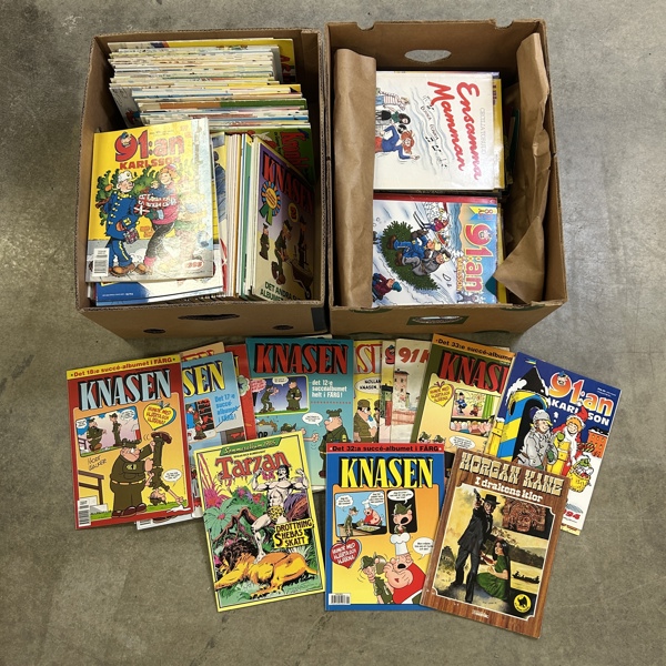 Serietidningar, 2 lådor, bla "Tarzan".