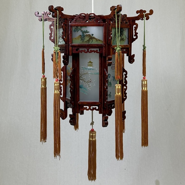 Taklampa, trä/glas, Kina, 1900-tal.