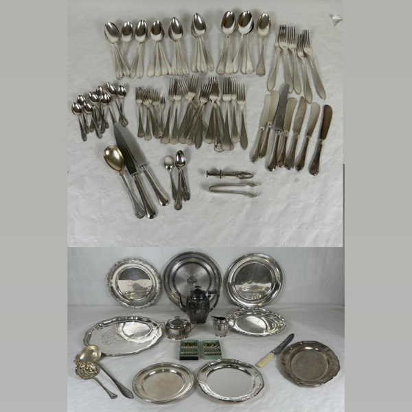 Parti brickor, kannor och bestick, nysilver.