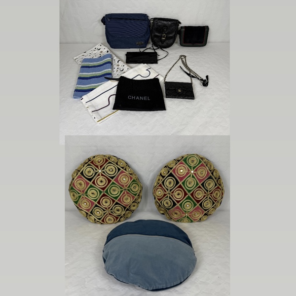 Väskor, 5st, samt textil och kuddar, 3st.