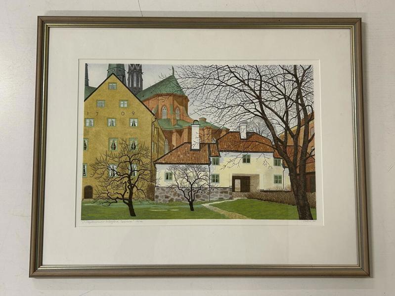 Carin Ax färglitografi,  "J Skyttejanums trädgård", 153/190, 48 x 32 cm