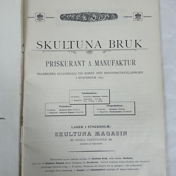 Skultuna Bruk, "Priskurant Å Manufaktur".