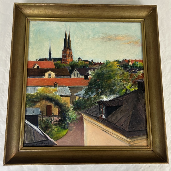 Pekkila Möllerswärd. Olja på pannå, Uppsala motiv, signerad.