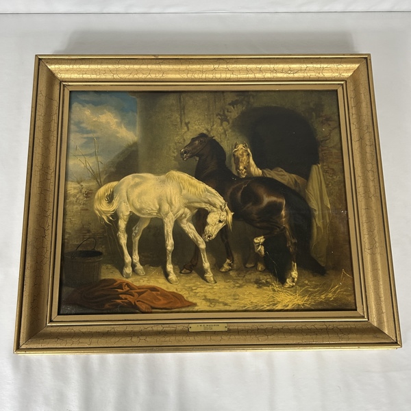 Johan Wilhelm Carl Wahlbom. Oljetryck, "Hästar vid stallet".