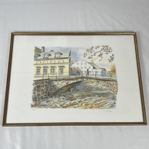 Ted Stanley. Färglitografi, Dombron, Uppsala motiv.