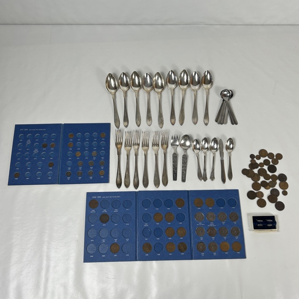Parti bestick och mynt, samt manschettknappar ett par.