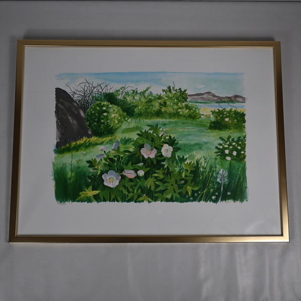 Evå Låås. Färglitografi, Blomsteräng, signerad.