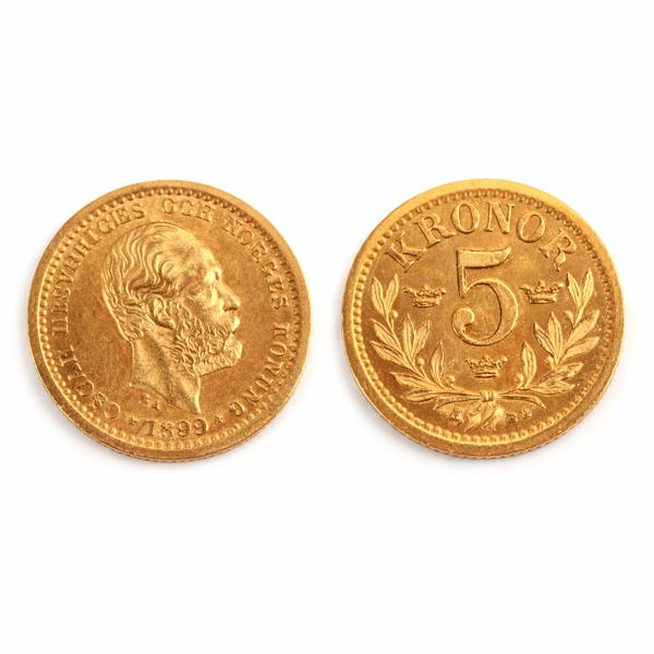 Guldmynt, Oscar II, 5kr, 21,6k, Sverige, 1899.