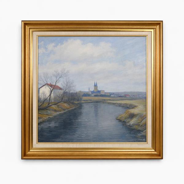 Martin Säflund. Olja på pannå, Fyrisån, Uppsala, signerad.