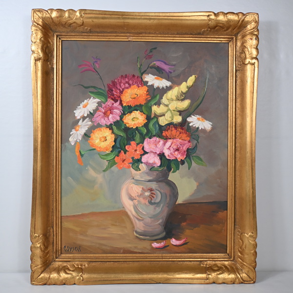Clarence Dysell, olja på pannå, blomsterstilleben, signerad.