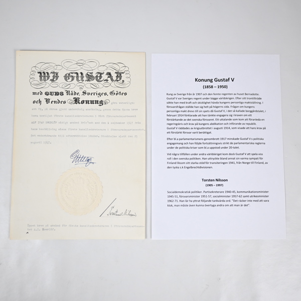 Autografer, Konung Gustaf V (1858-1950) & Torsten Nilsson (1905-1997).