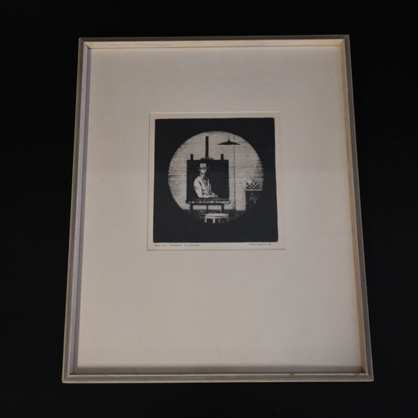 Pentti Kaskipuro, "Porträtt av en estet", torrnålsgravyr, signerad.