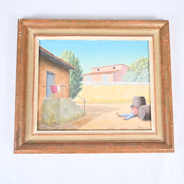 Fritz Högberg, "Tunnorna på gården", olja på pannå, signerad. 