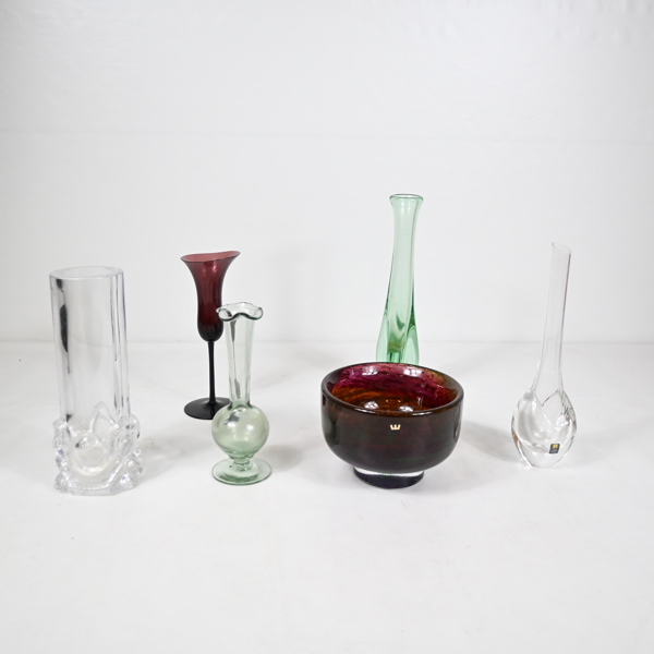 Skål och vaser, 6 delar, glas.