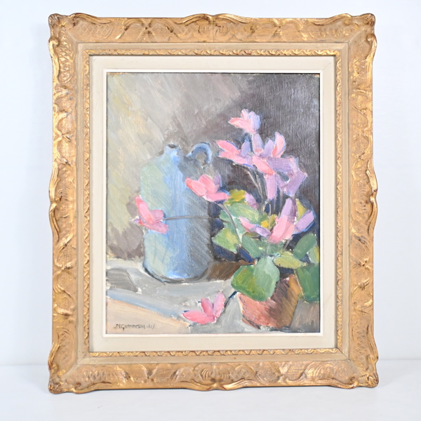 Oidentifierad konstnär, olja på pannå, blomsterstillben, signerad och daterad.