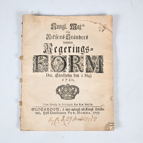 Konglig Förordning 1720 – Stockholm, tryckt av Pet. 