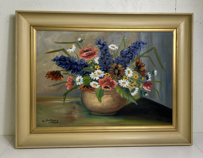 Olja på Duk Blomsterstileben, Signerad G Hallberg 