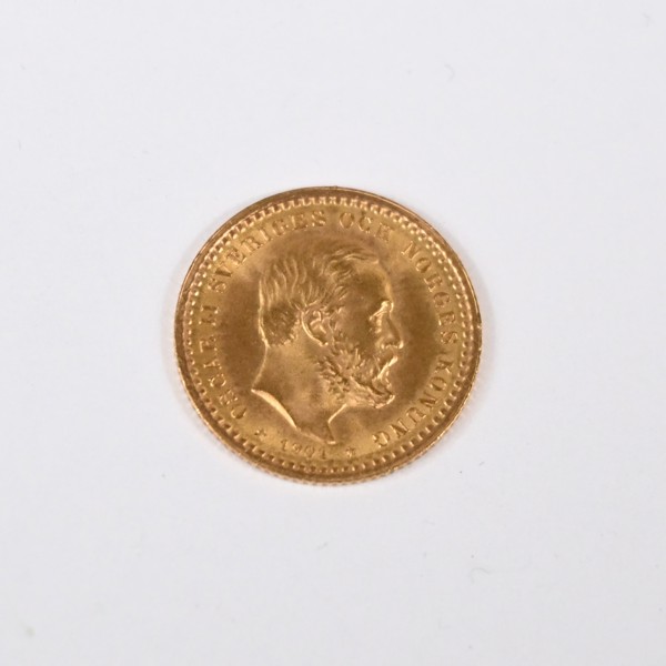 Guldmynt i 21,6k guld, 5kr, Oscar II, 1901.