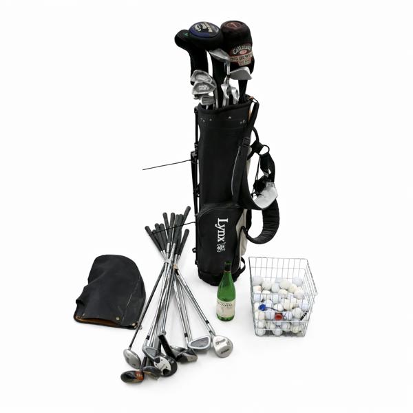 Golfset, golfklubbor, bollar och peggar