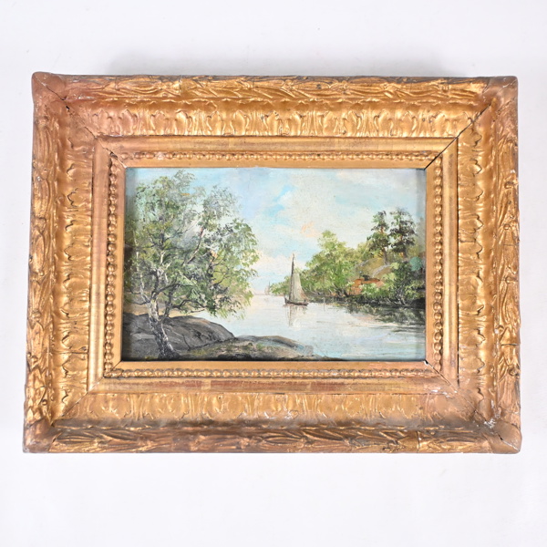 Okänd konstnär, landskap med segelbåt, olja på pannå. 