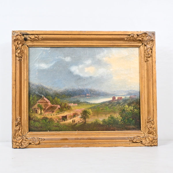 Okänd konstnär, "Landskap med stugor", olja på duk, 18/1900-tal.