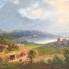 Okänd konstnär, "Landskap med stugor", olja på duk, 18/1900-tal.