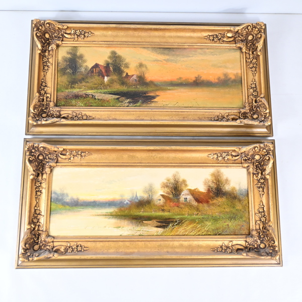 Okänd konstnär, 2st, "Flodlandskap med stugor", olja på pannå.