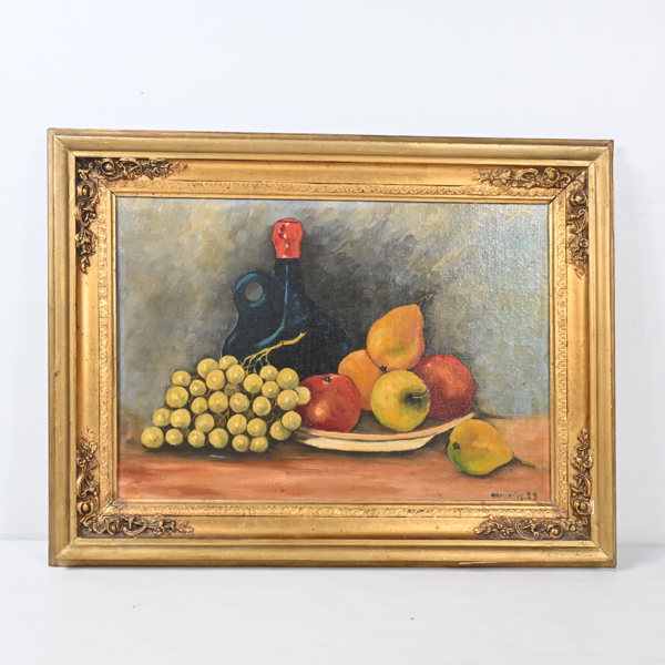 Oidentifierad konstnär, fruktstilleben, olja pannå, signerad.