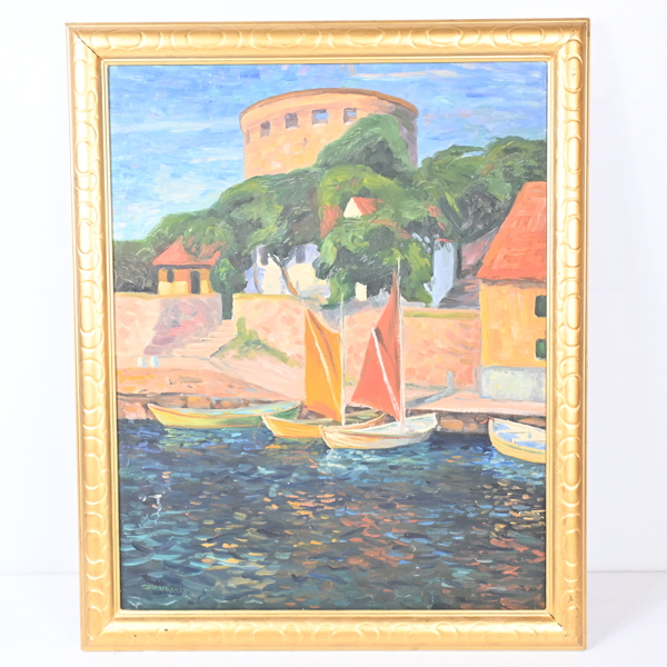 Oidentifierad konstnär, hamnmotiv, olja på duk, signerad.